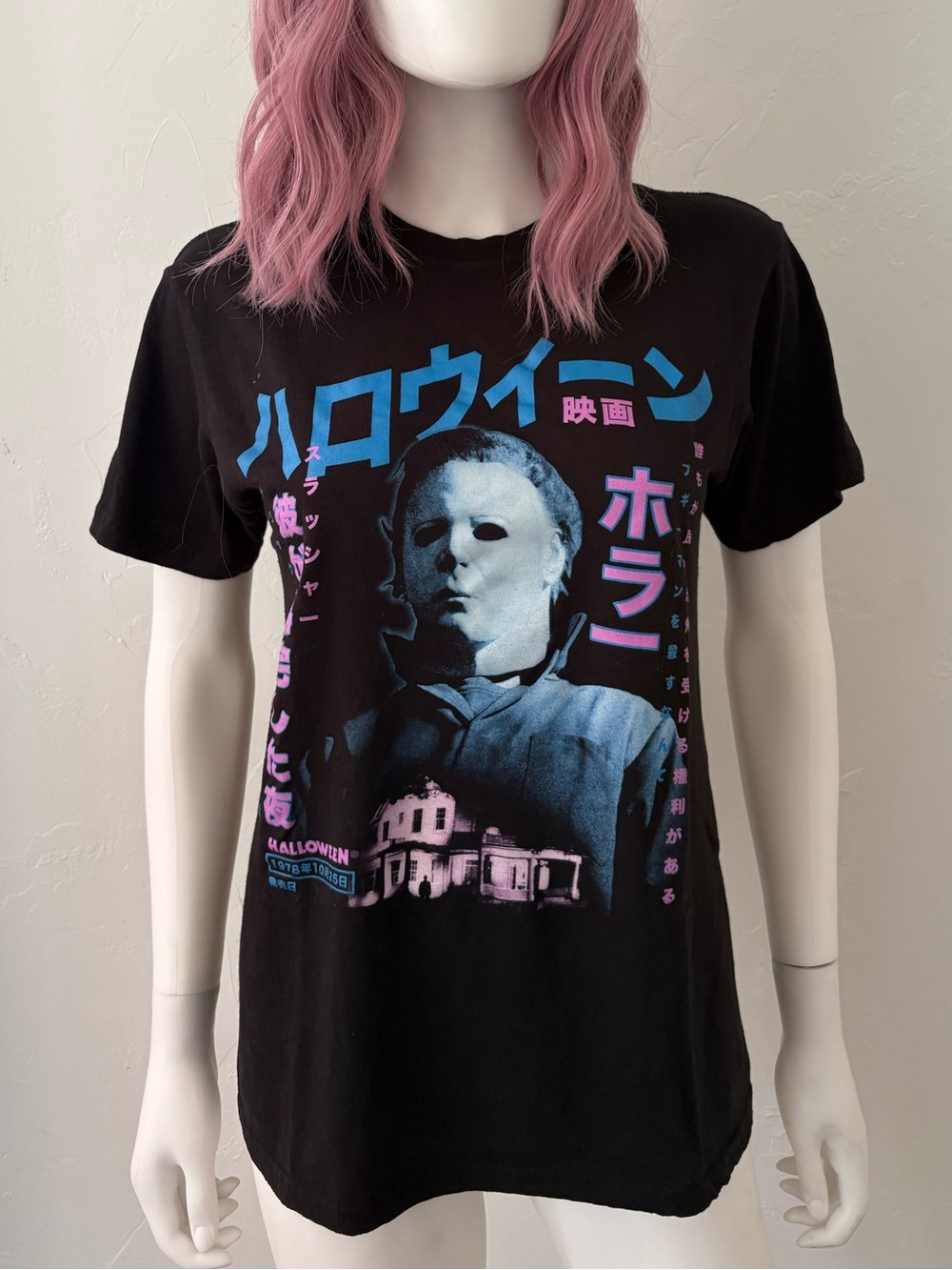 Halloween Michael Myers Black Graphic Tee with Blue & Pink Print